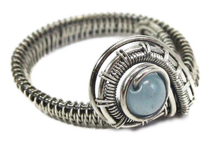 Aquamarine Adjustable Ring, Woven in Sterling Silver Wire
