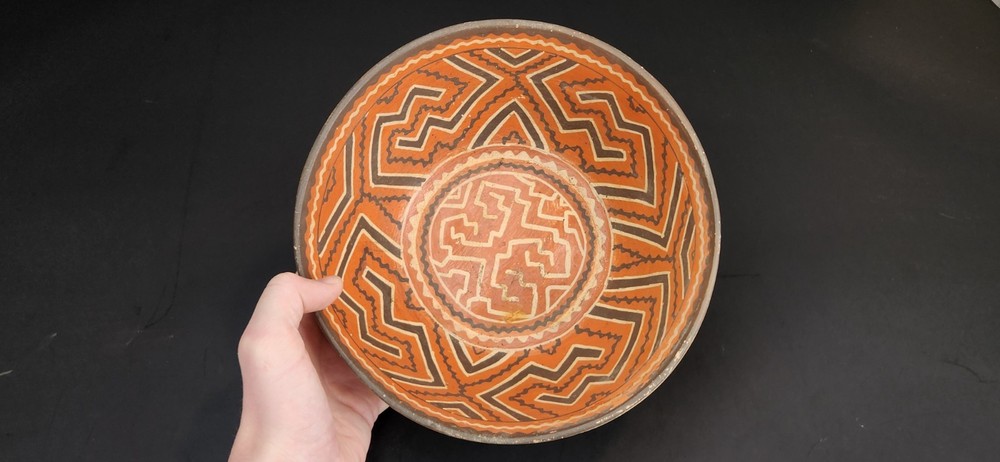 Vintage Peru Shipibo-Conibo Polychrome Earthenware Pottery Rattle Bowl 9.5"
