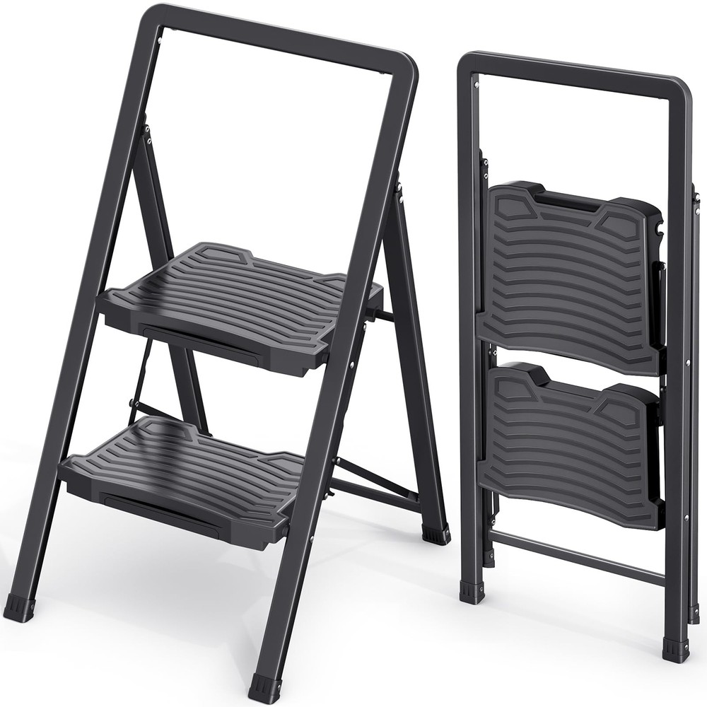 KINGRACK 2 Step Ladder 800lb Capacity, Folding 2 Ladder, Black