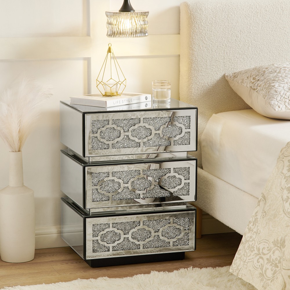 Mirrored Bedside Nightstand, Modern Side End Table w/ 3 Drawers Crushed Diamonds
