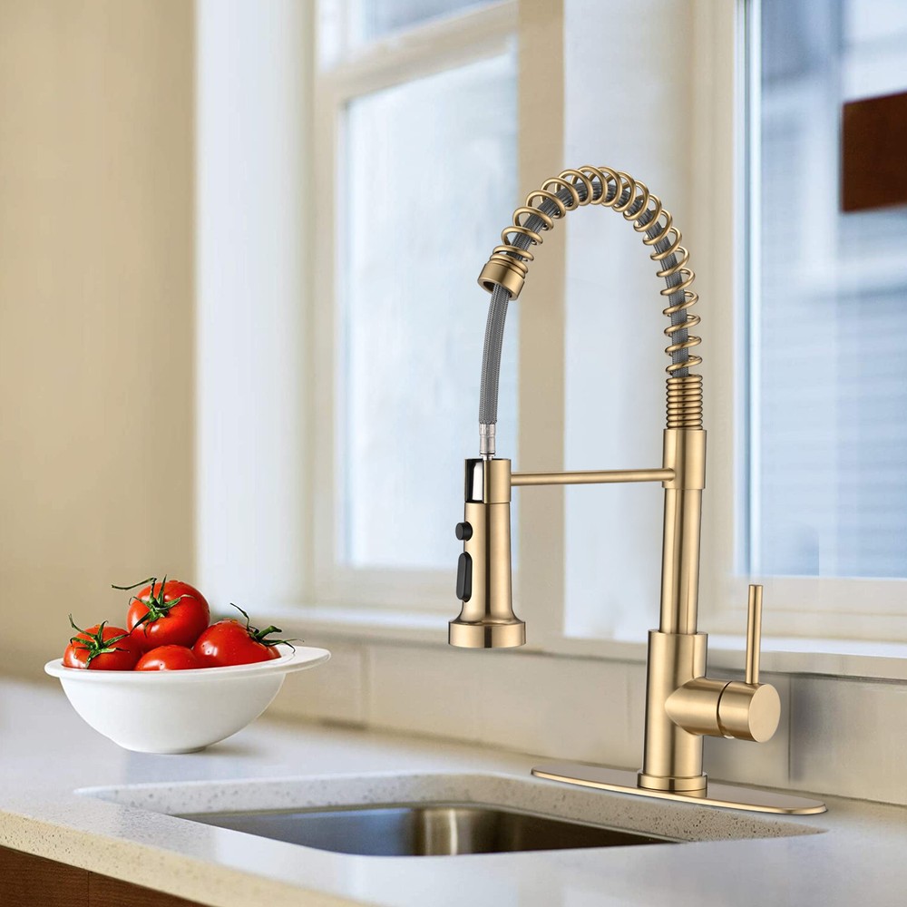 RENIST Brushed Gold Pull Down Single Handle  Spring Kitchen Sink Faucet
