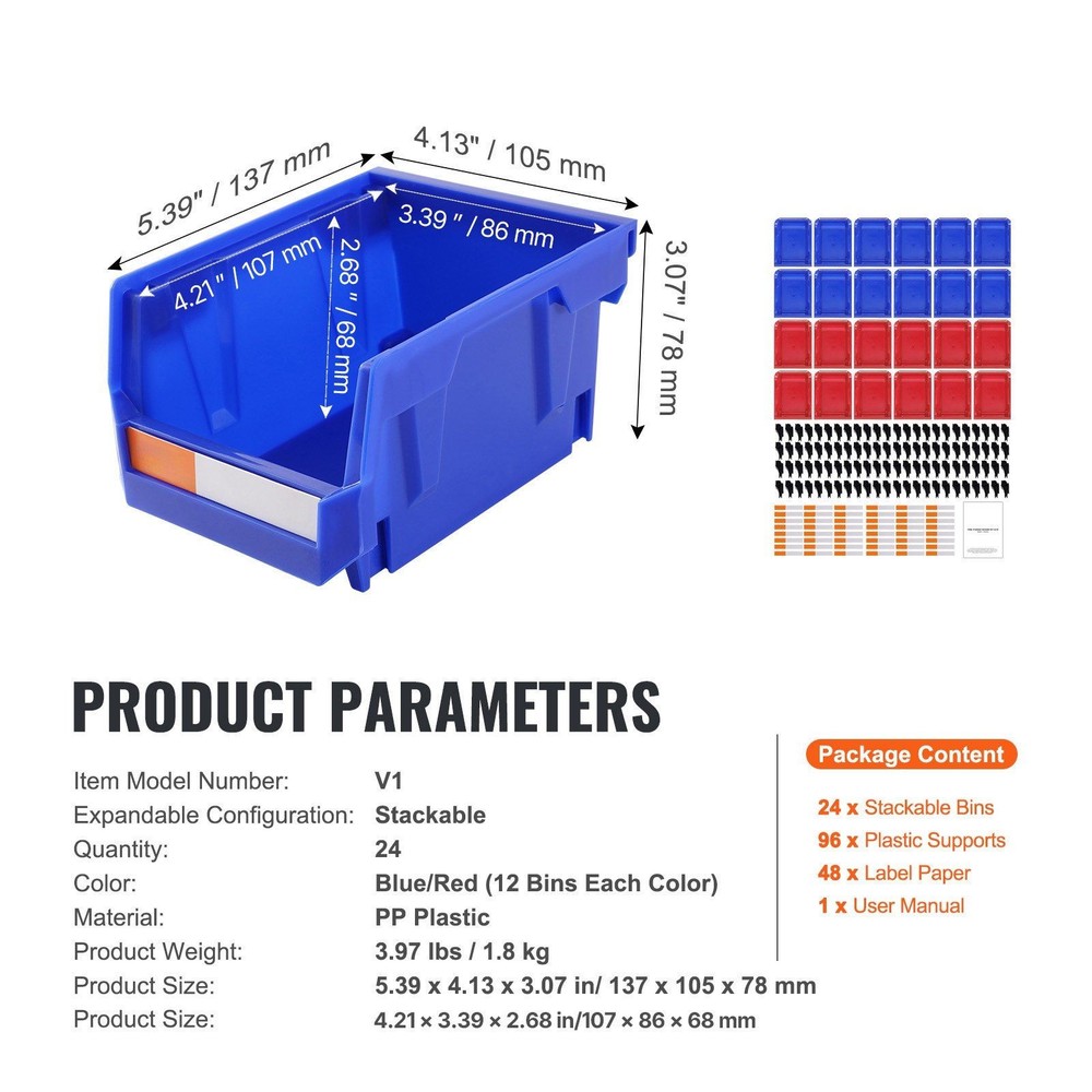 5x4x3in High Strength Stackable Plastic Bin Organizers 24 Unit