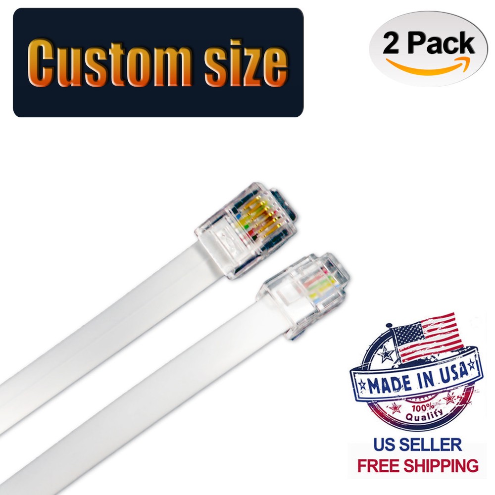(2 Pack) White RJ12 6P6C Straight Data Cable. Custom Size From 2" - 3ft