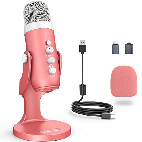 Gaming USB Pink Microphone with Quick Mute for Phone Computer PC PS5,Studio