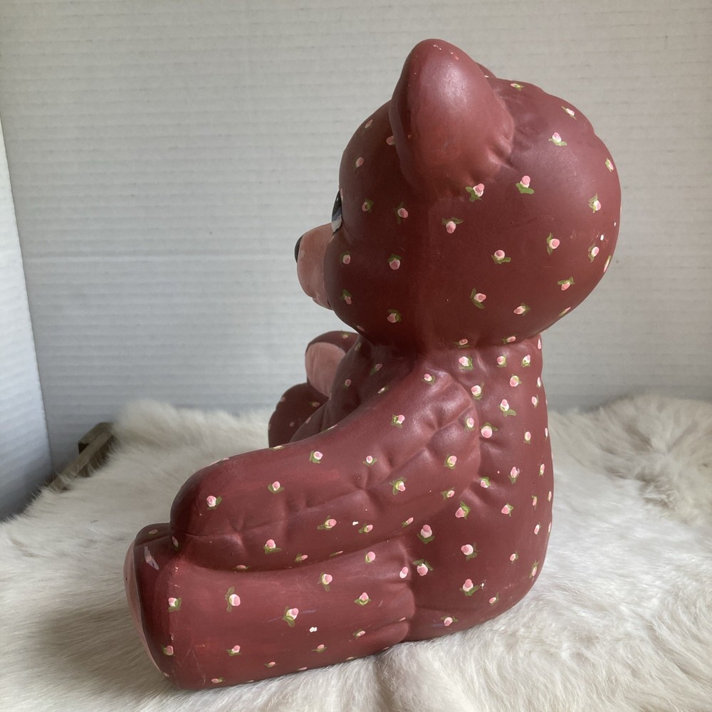 Quilted Ceramic Teddy Bear 8" Tall hand painted floral design felt bottom