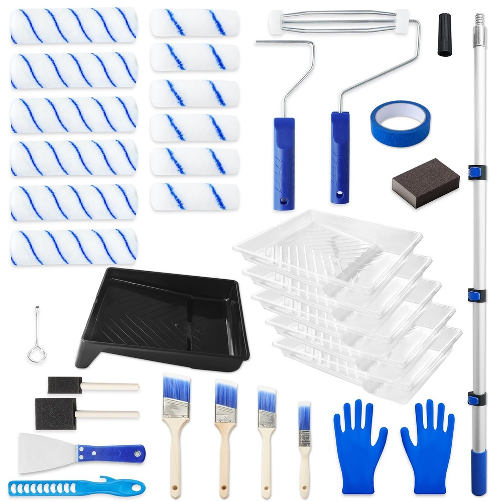 Paint Roller Kit with Extension Pole, 34 Piece Set, 4" and 9" Paint Rollers, ...