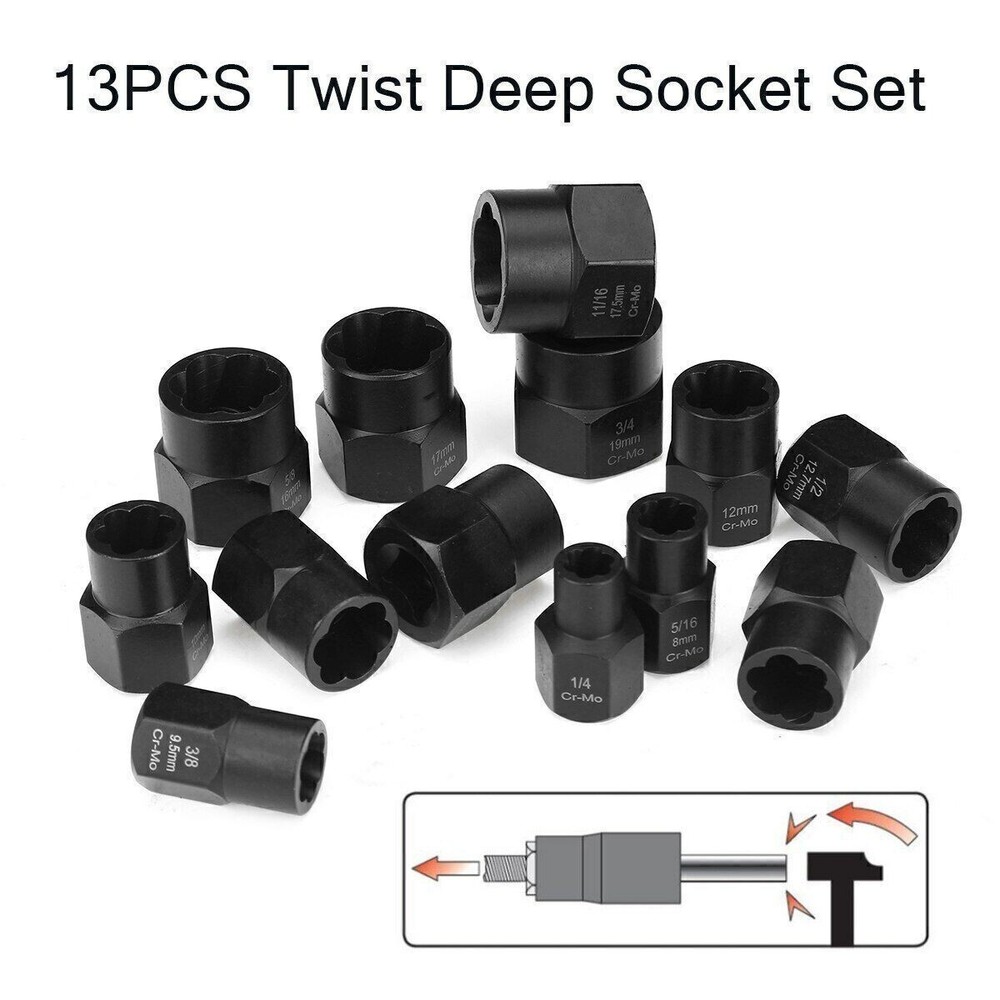 13PCS Impact Bolt Extractor Set Nut Remover Set Stripped Extraction Socket Tool