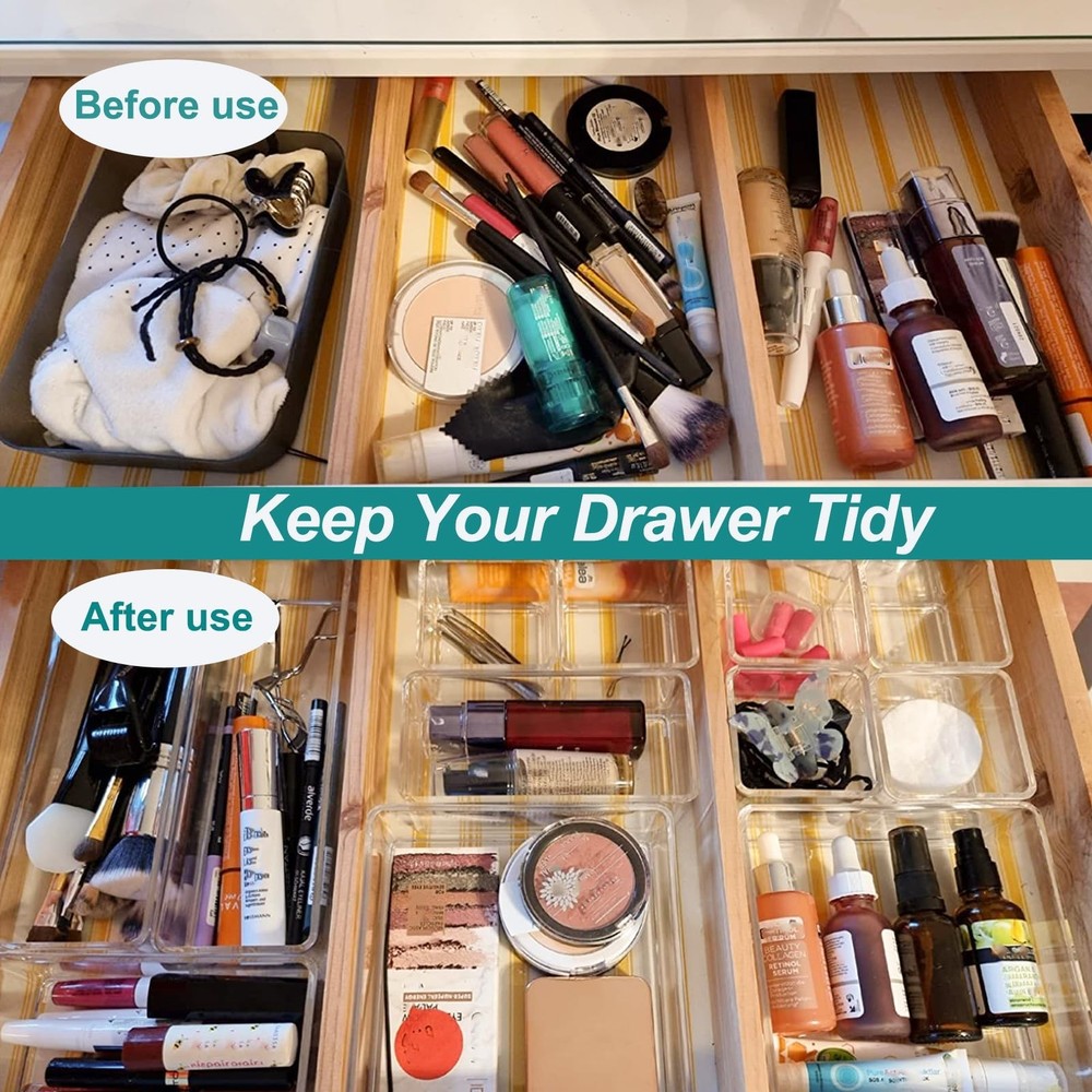 15 Pack Clear Plastic Drawer Organizer Set - 4 Sizes Makeup Vanity Organizer ...