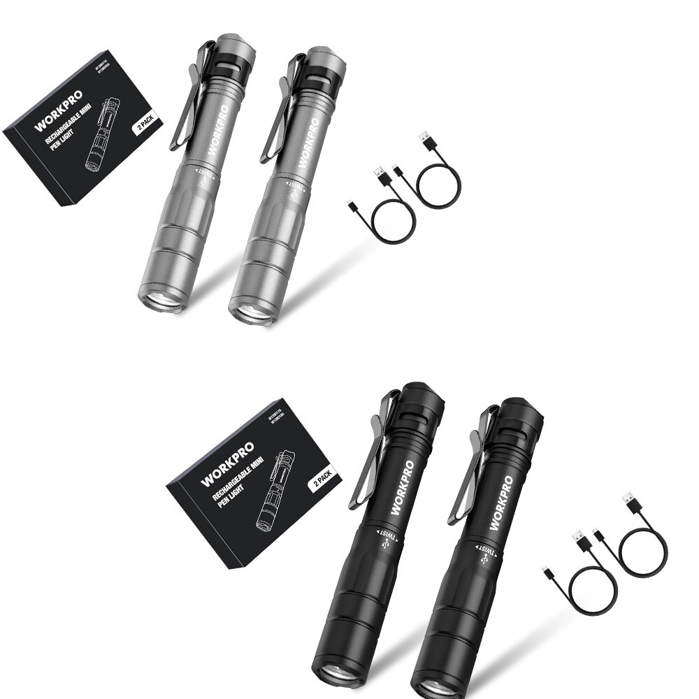 WORKPRO Rechargeable Pen Light Mini Flashlight 2 Pk Ultra-Compact EDC Flashlight