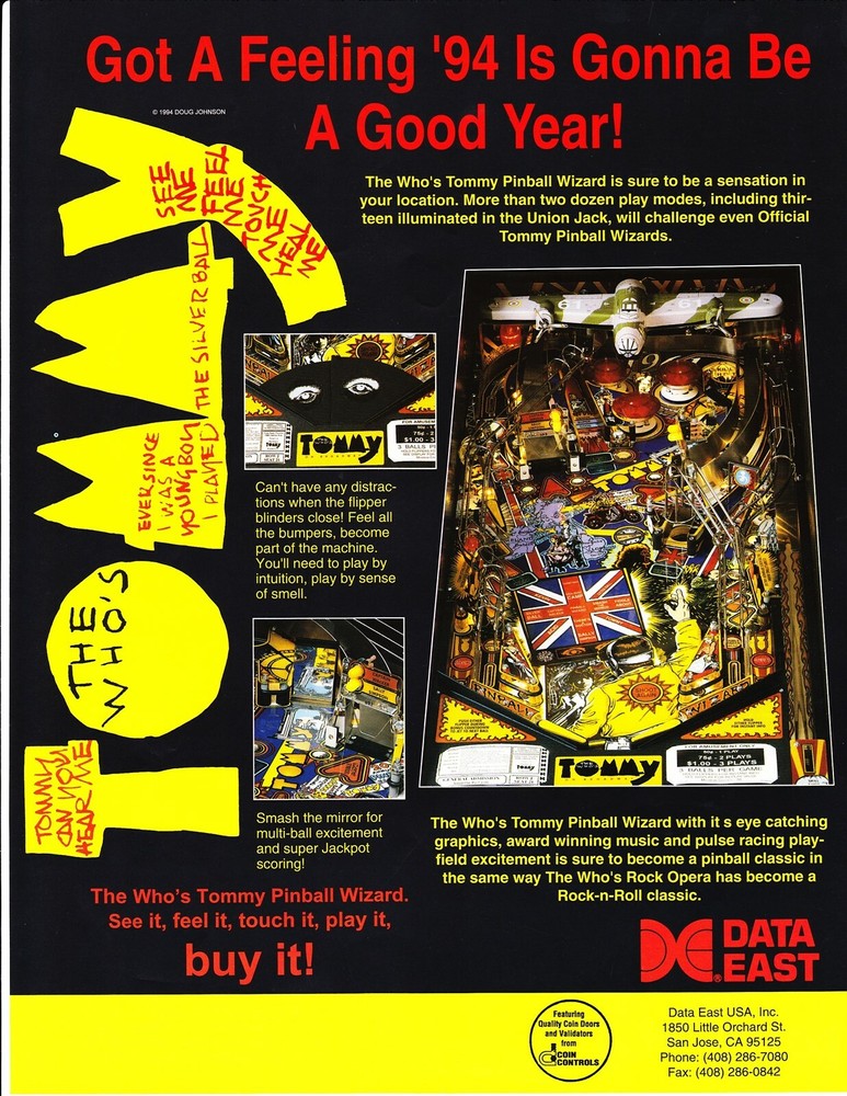 Tommy Data East Mint Pinball Flyer / Brochure / Ad