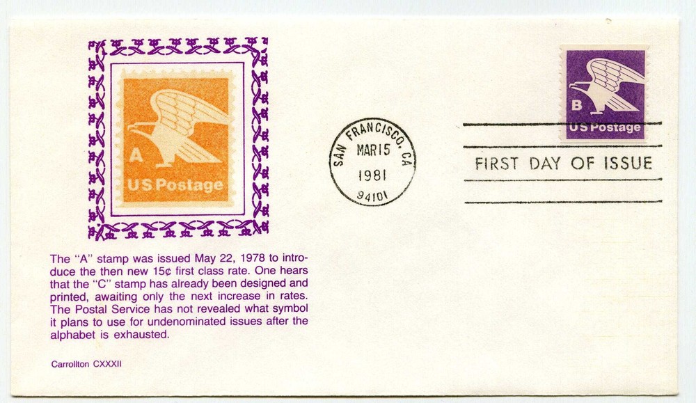 1820 'B' (18c) Non Denominated coil Carrollton FDC
