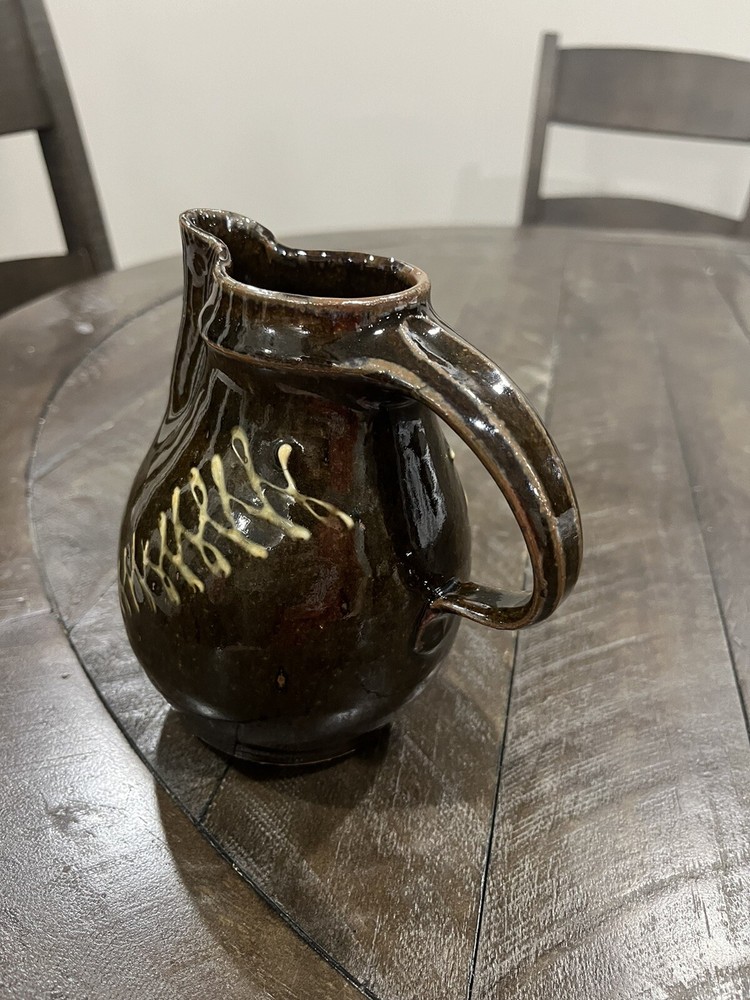 Duel Art Pottery Brown Pitcher Glazed Zigzag Design Studio Handmade Signed