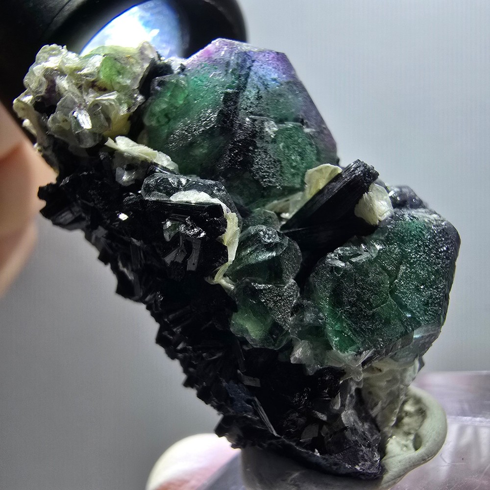 Phantom fluorite cube, hexagonal, Schörl tourmaline, muscovite Erongo, Namibia