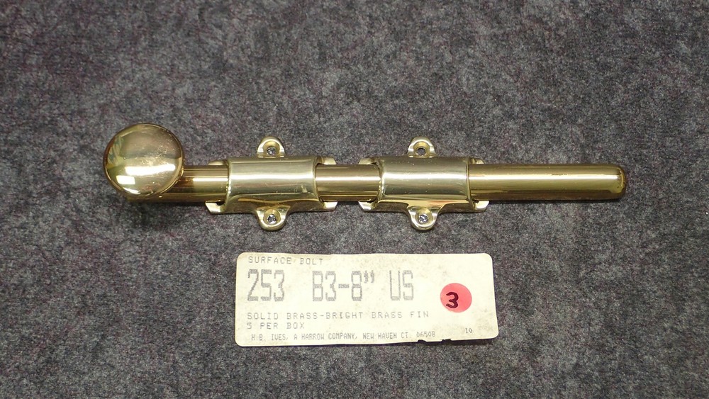 Ives By Schlage 253-B3, 8" Surface Bolt, Solid Brass, Bright Finish (G12)