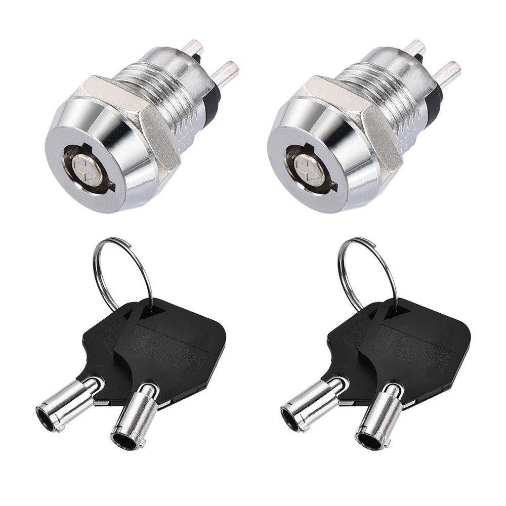 12mm 2 Positions Key Locking Push Button Switch With 2 Keys NO-OFF Silver 2pcs