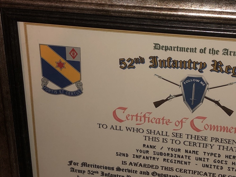 52ND INFANTRY REGIMENT / COMMEMORATIVE - CERTIFICATE OF COMMENDATION