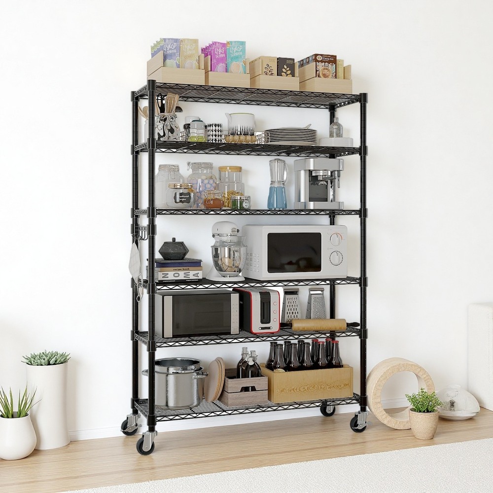 6-Tier Rolling Wire Shelving Unit - Heavy Duty, Adjustable, Hooks & Black