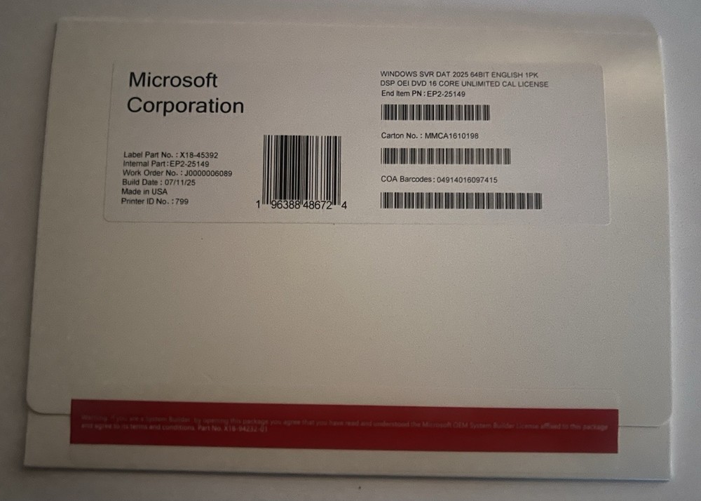 Microsoft Windows Server 2025 Datacenter 16 Core-Unlimited CALS With Key (NEW)