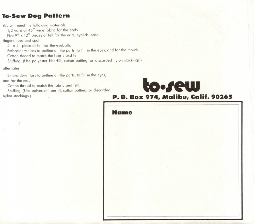 Vintage Learn To Sew Sewing Pattern "Dog"