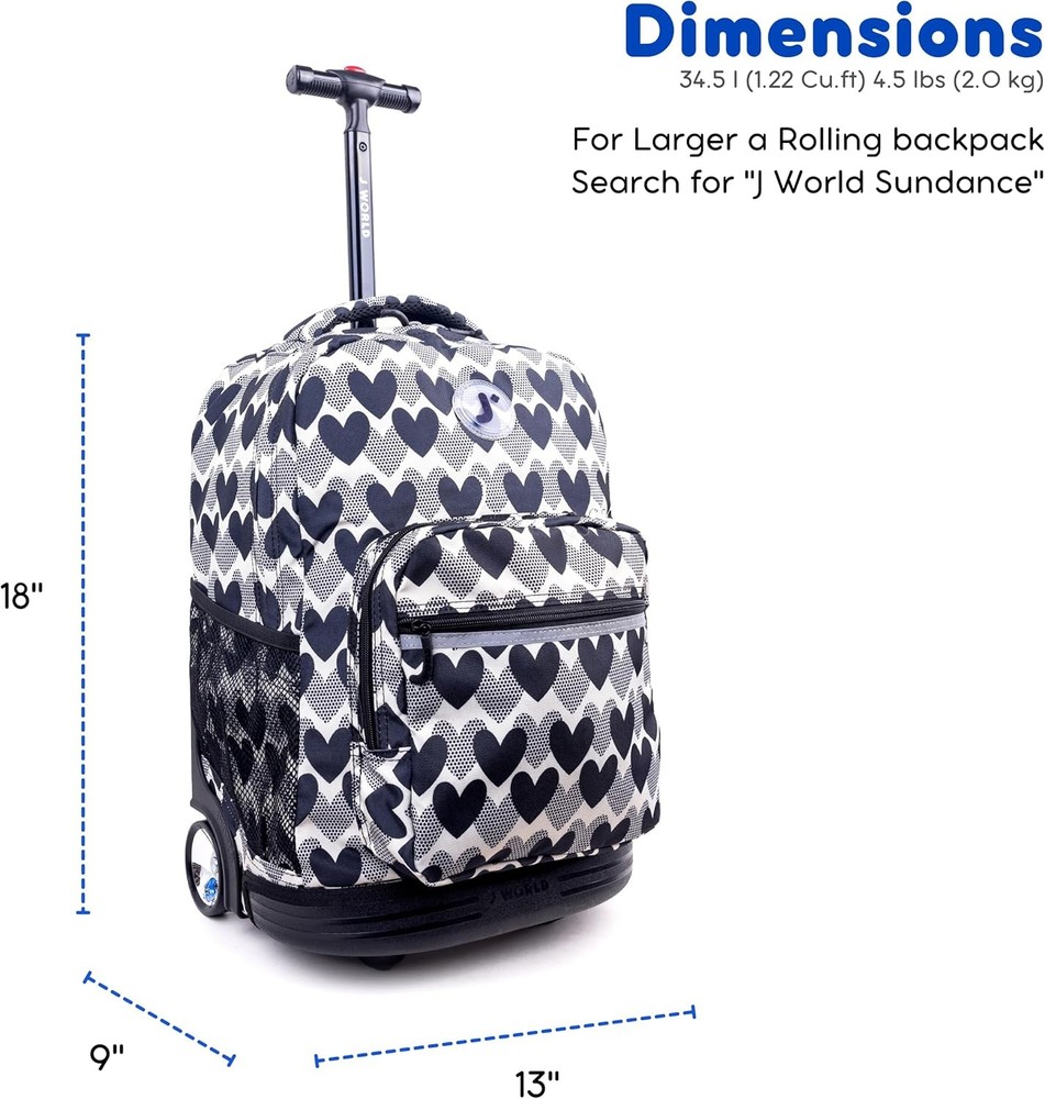 J World Sunrise Rolling Backpack. Roller Bag with Wheels, Heart Dot