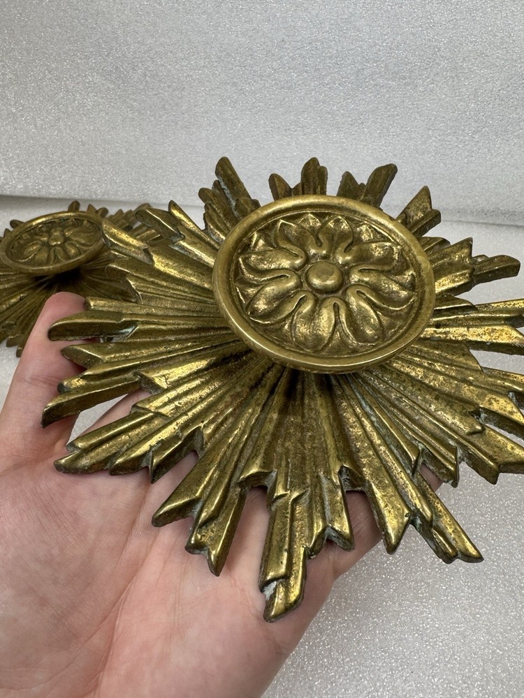 Rare 2 Vintage Mid Century Hollywood Regency Brass Sunburst Cabinet Knobs Pulls