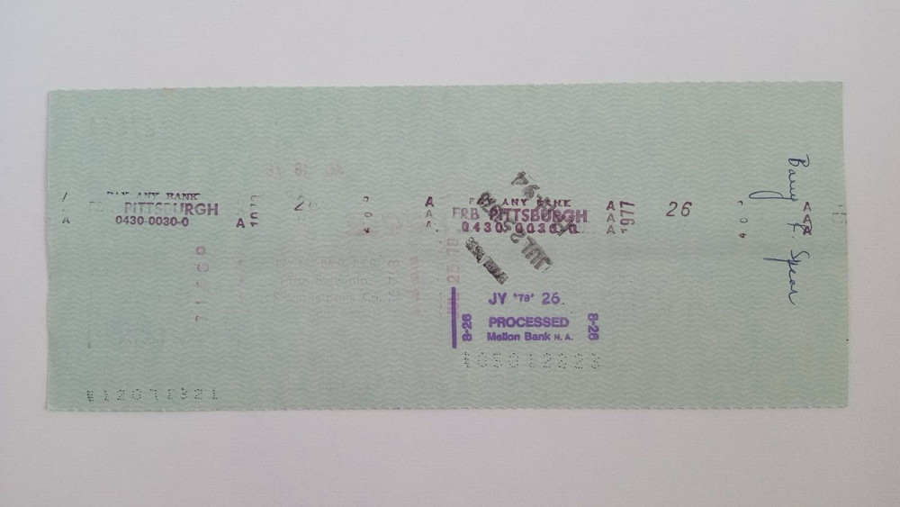 Barry Spear: 1978 Pittsburgh Pirates Expense Check