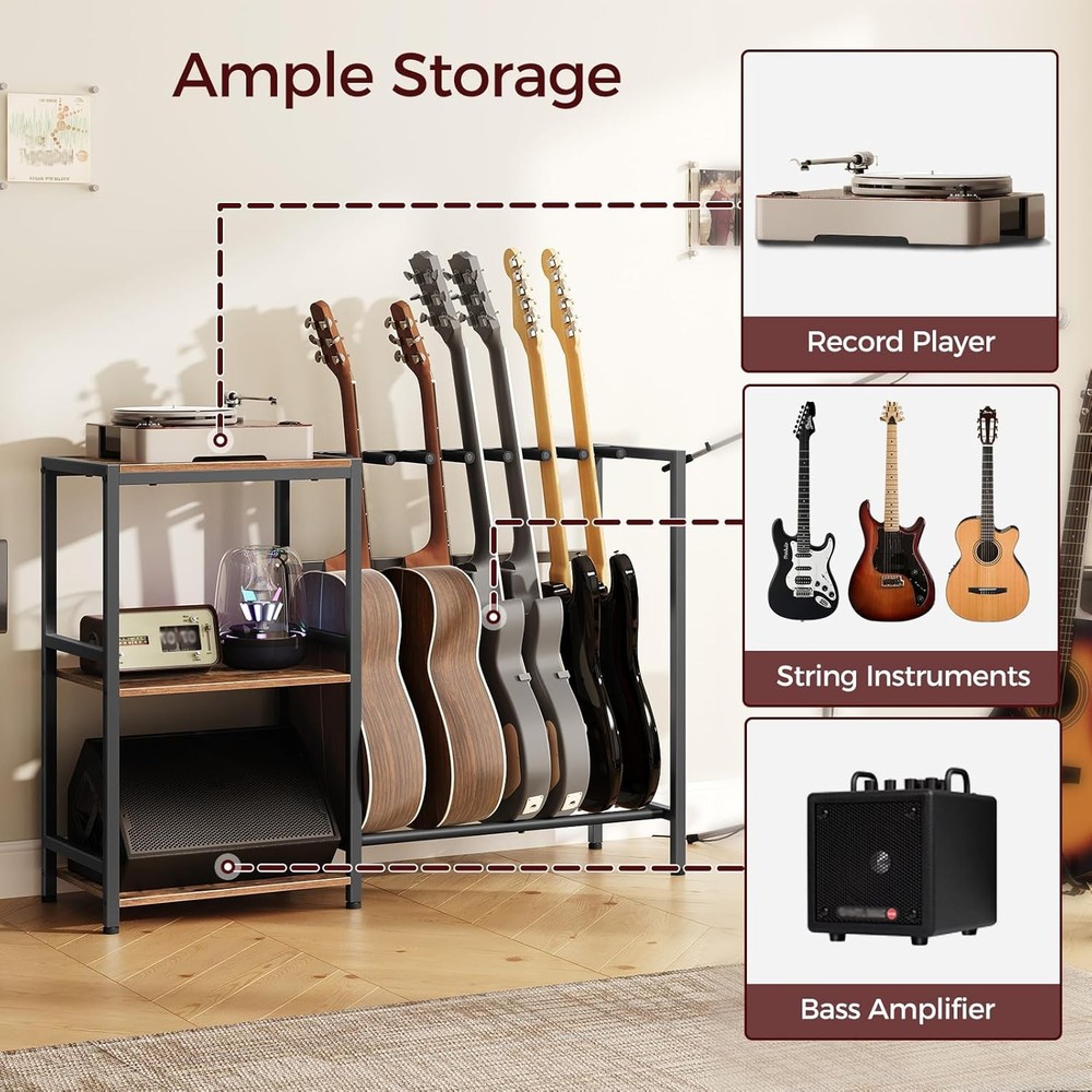 Guitar Stand Multi Guitar Rack 6 String Instruments with Side Shelves Brown