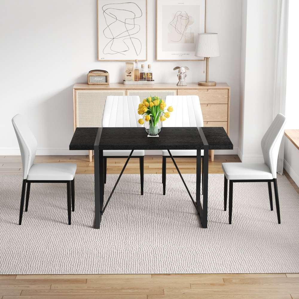 Black Wood Grain Rectangular Dining Table Set w/ 4 PU Chairs Modern