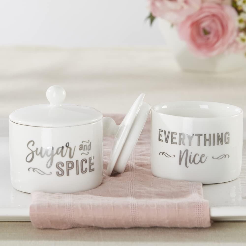 Ceramic Sugar Container/Bowl, Spice and Everything Nice, White with Silver Fo...