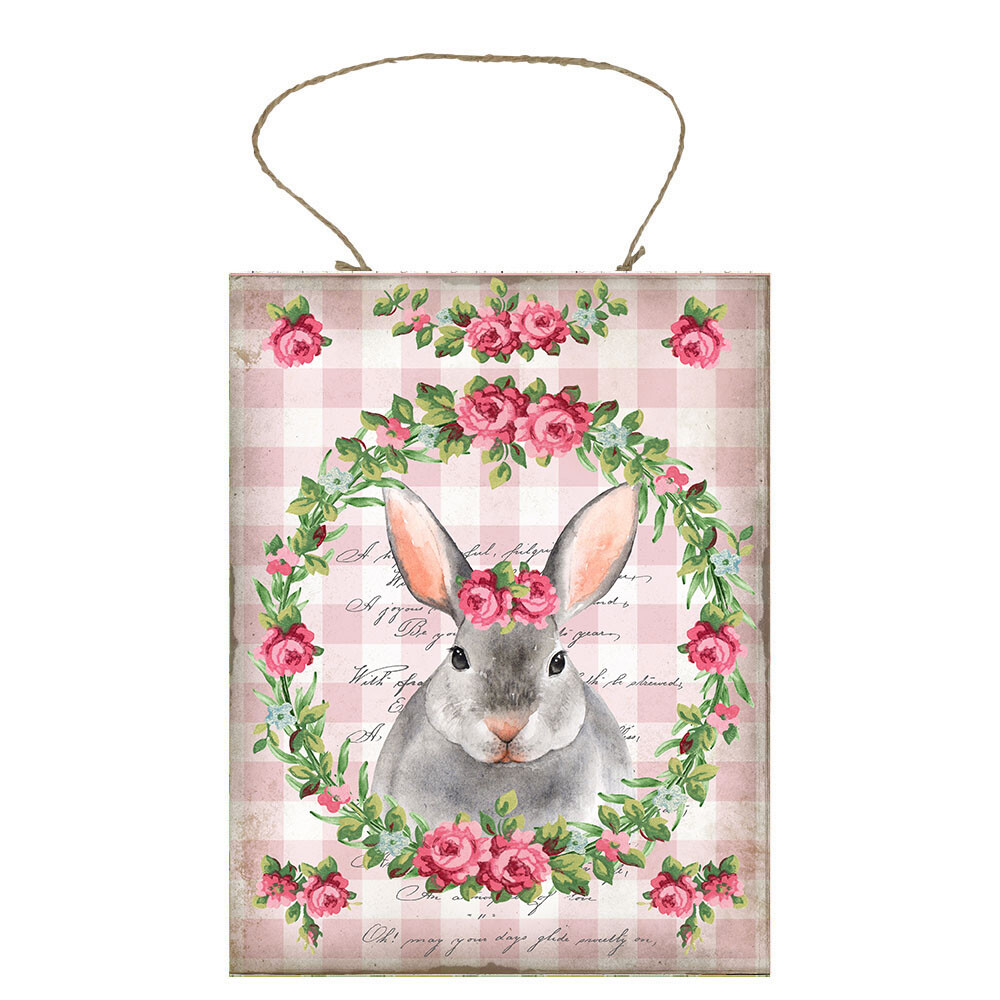 Pink Check Bunny Easter Spring Printed Handmade Wood Sign