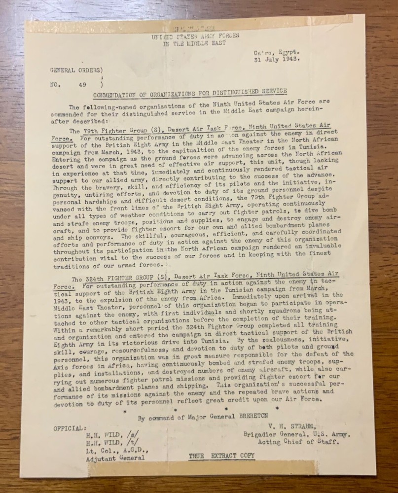 WWII Army Air Force Activation Day Program Commendation Document 324th FG 9th AF