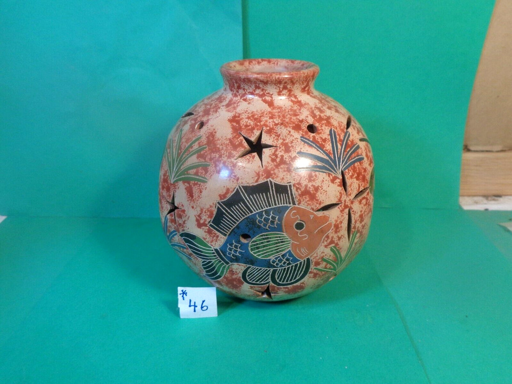 Pottery Tropical Pattern Tea Light/Candle Globe, Brazil (Used/EUC)