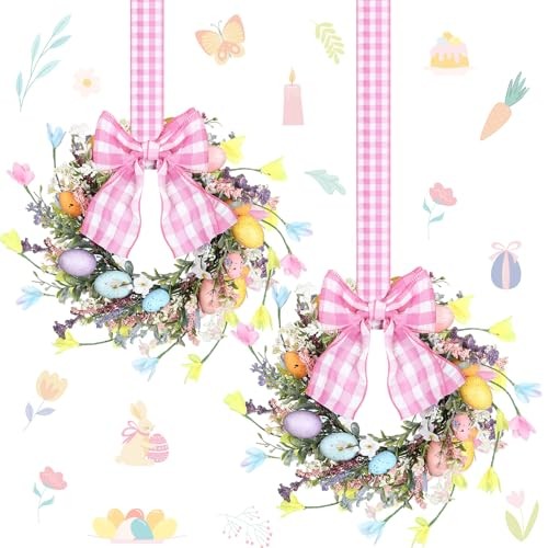 2 Pcs 9'' Mini Easter Wreath for Front Door Easter Eggs Easter Cabinet Wreath