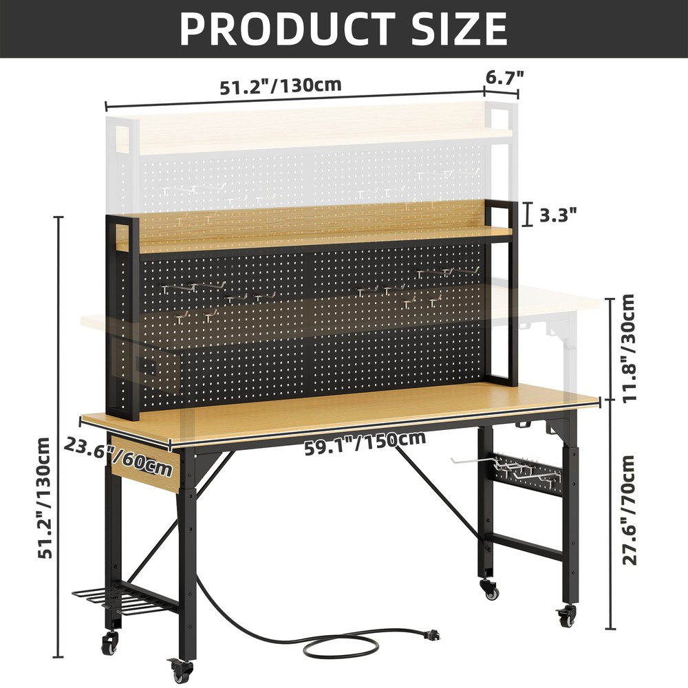 59" L Heavy-Duty Adjustable Workbench with Pegboard & Power Outlets Work Bench