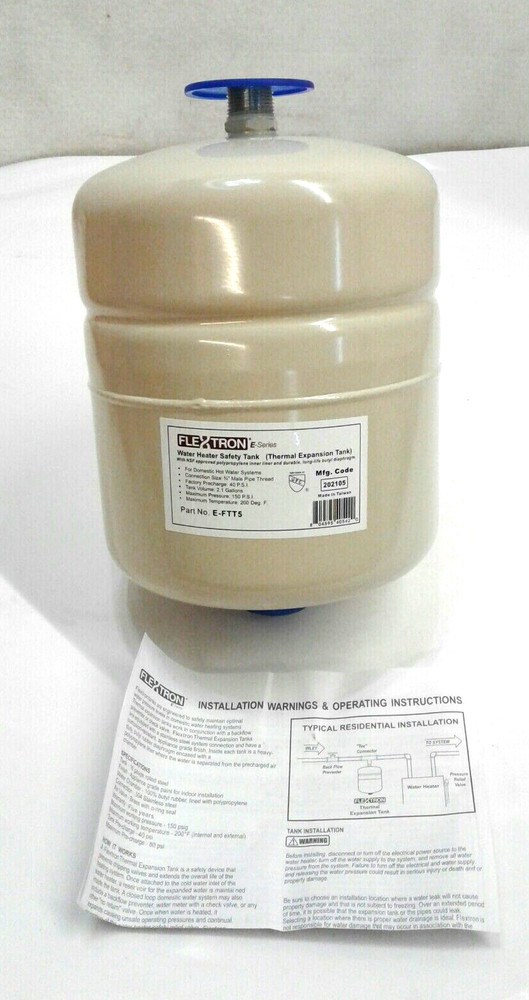 FlexTron E-Series Water Heater Safety Tank E-FTT5 Thermal Expansion 2.1 Gallon