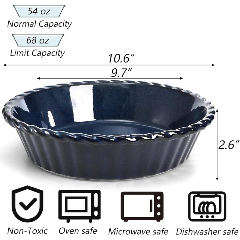 Ceramic Pie Pan Set 2 Pack Deep Blue Baking Dish Oven Safe Dishwasher Safe New