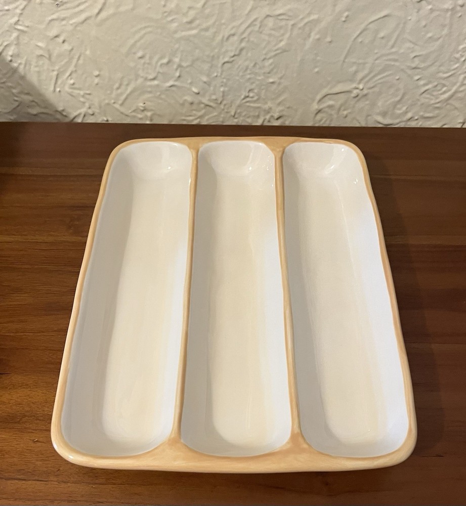 Pottery Barn Rustic Olive Ceramic 3 Part Divided Serving Relish Dish Never Used