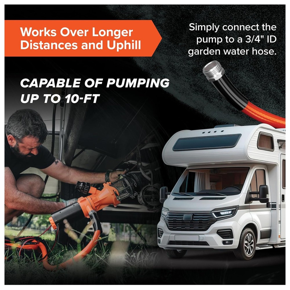 Rhino Sewer Macerator Pump System for Campers or RVs with 4-in-1 Adapter, Orange