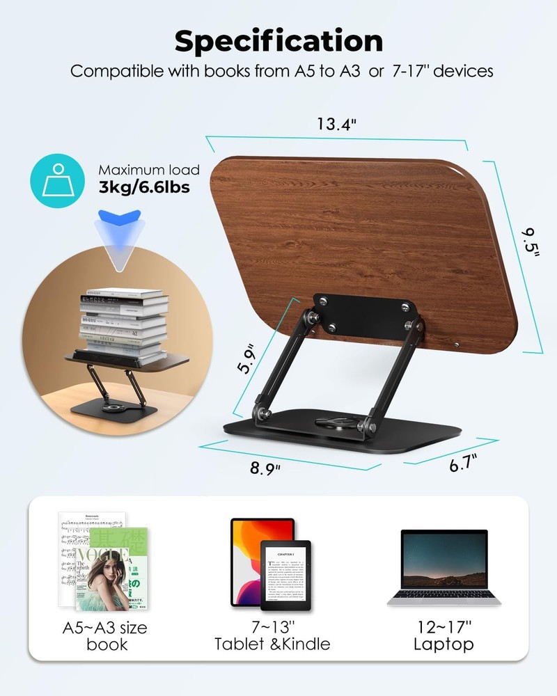 Book Stand for Reading,Book Holder, Height&Angle Adjustable, 360° Rotating Ba...