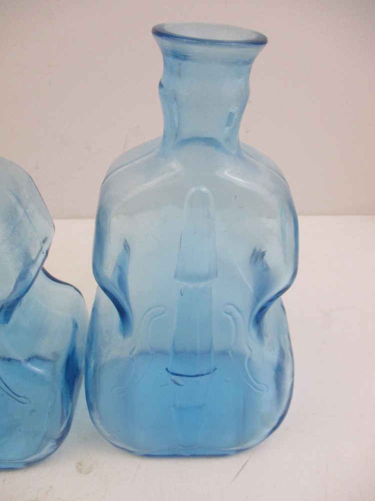PAIR(2) BLUE GLASS BOTTLE - EMBOSSED CELLO PATTERN - 7 5/8" TALL(DFU8)