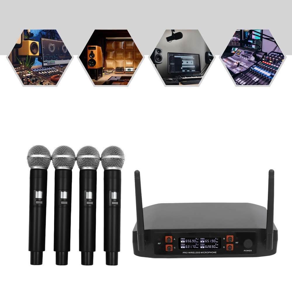Pro 4 Channel UHF Wireless Audio Microphone Cordless Handheld Mic System Party