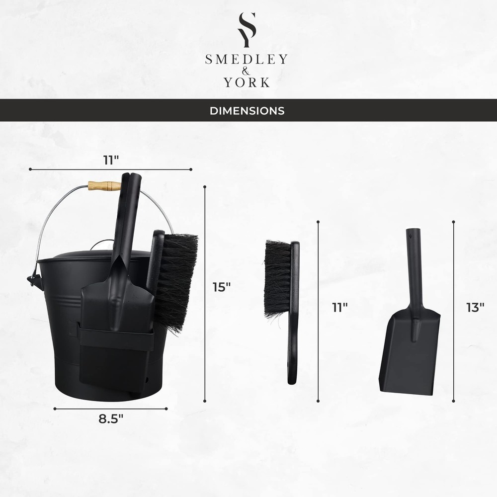 Black Ash Bucket with Lid Complete Fireplace Tools Set Includes Pail Shovel