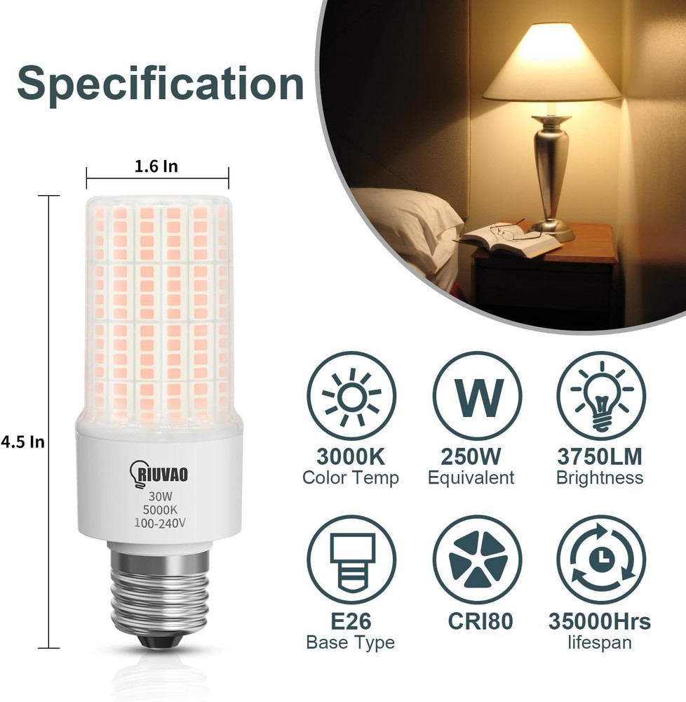 Super Bright 30W LED Corn Light Bulbs, 3750 Lumen, 3000K Warm White (2-Pack)