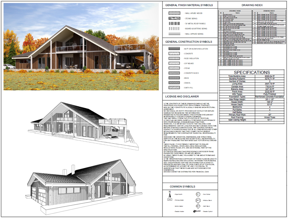 100’x54’ 4-Beds 4-Baths Charming A-Frame Architectural Build Plans PDF Download