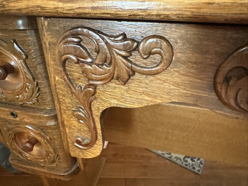 Antique Oak Ornate Sewing Machine Desk