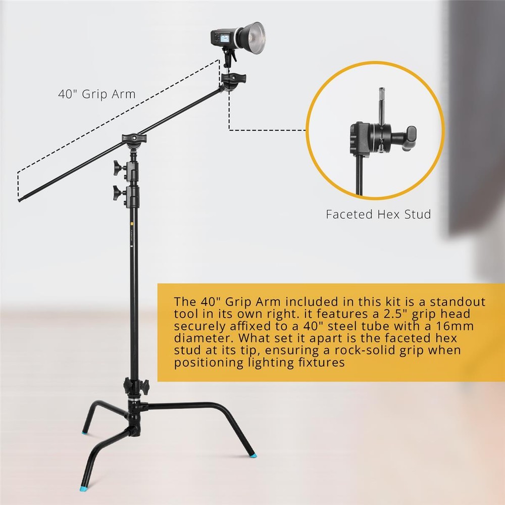 Flashpoint 40" Quick Release Turtle Base C-Stand Kit, Grip Head Arm (Black)