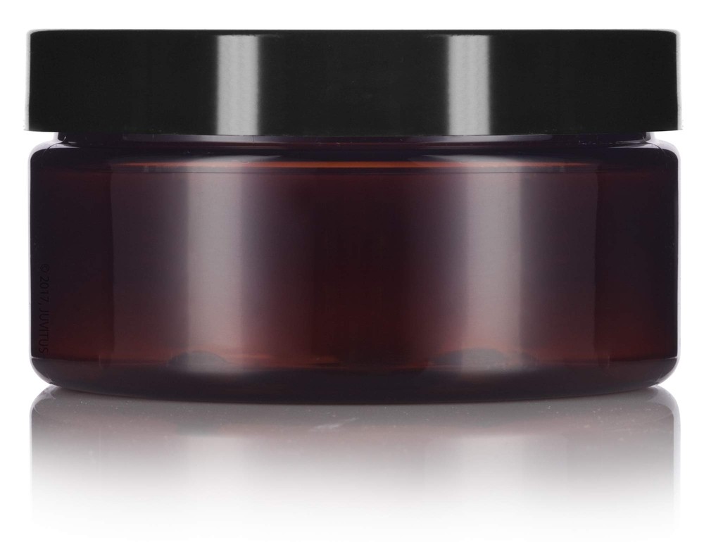 8 oz Amber Plastic Refillable Low Profile Jar with Black Lid 6 Pack