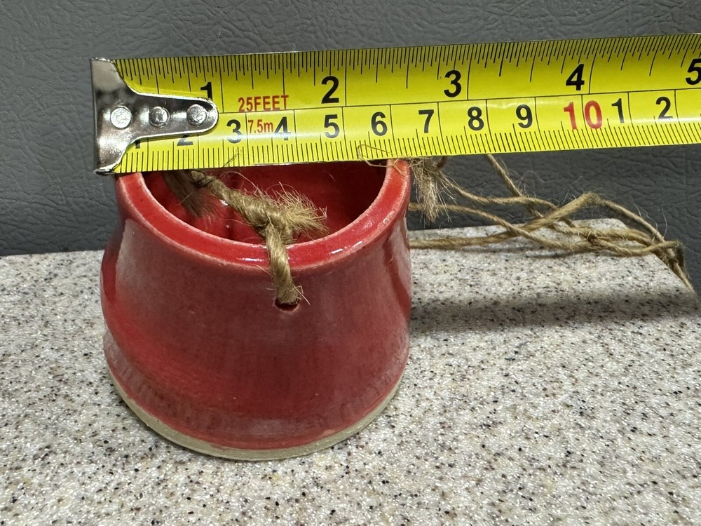 Small Hanging Handmade Pottery Planter Red 2.5”x4” Jute Twine Signed EUC!