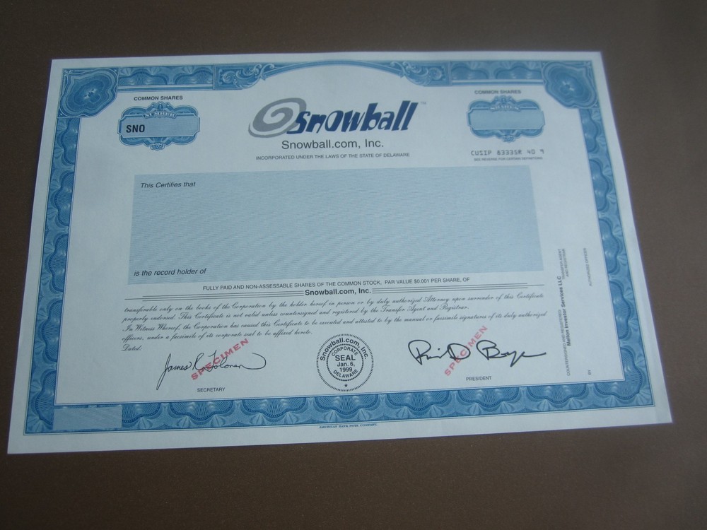 c.2000 - SNOWBALL.COM - SPECIMEN -  Stock Certificate