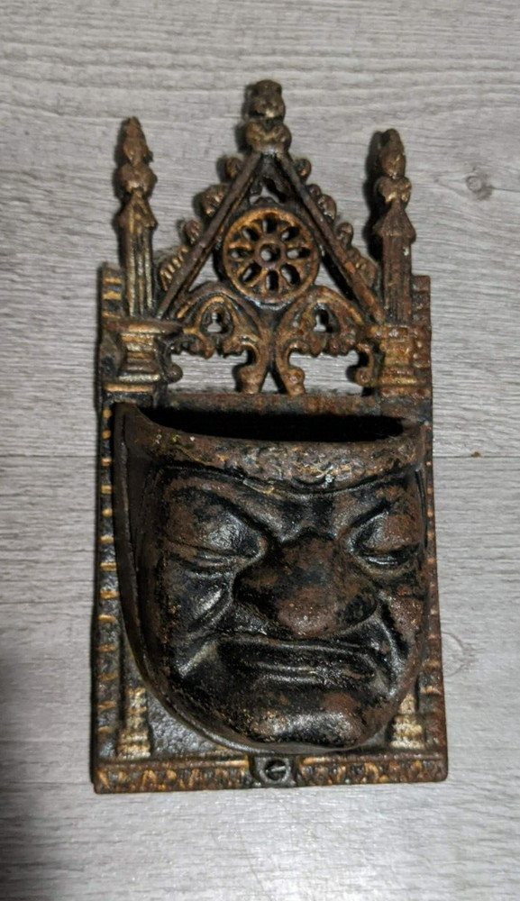 Antique Victorian 7" Cast Iron Grumpy Face Wall Pocket Match Holder Figurine